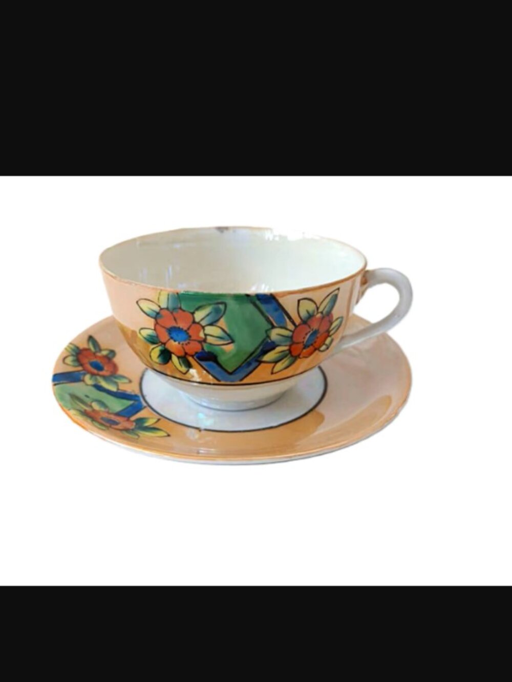 Vintage Art Deco Tea Cup and Saucer Set Peach Lusterware Floral